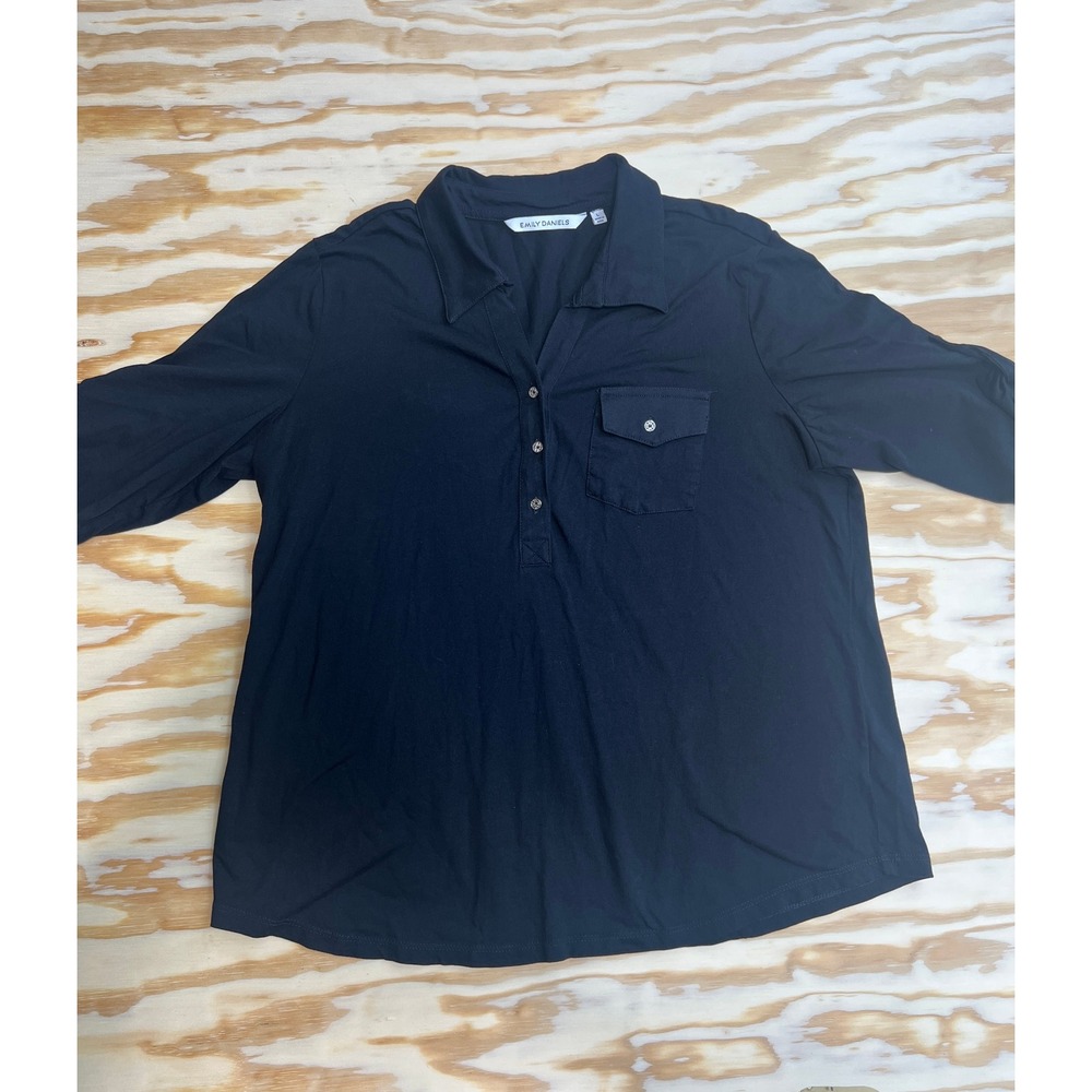 Emily Daniels Navy Blue Henley Knit Top 3/4 Sleeve Button Pocket Large